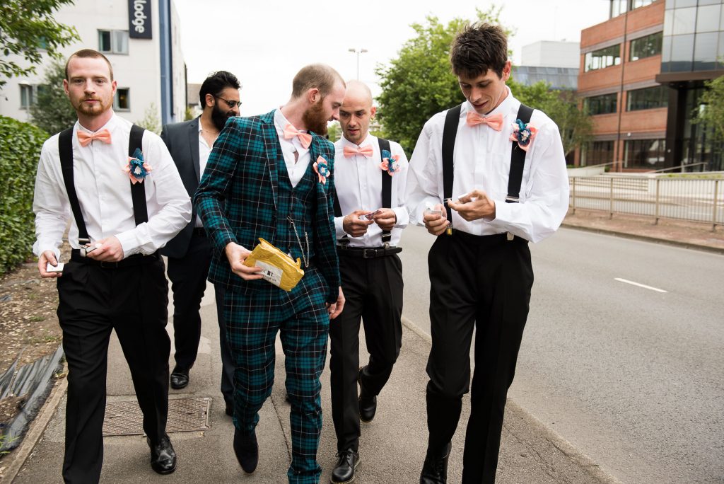 Creative pre wedding photography groom with groomsmen Berkshire
