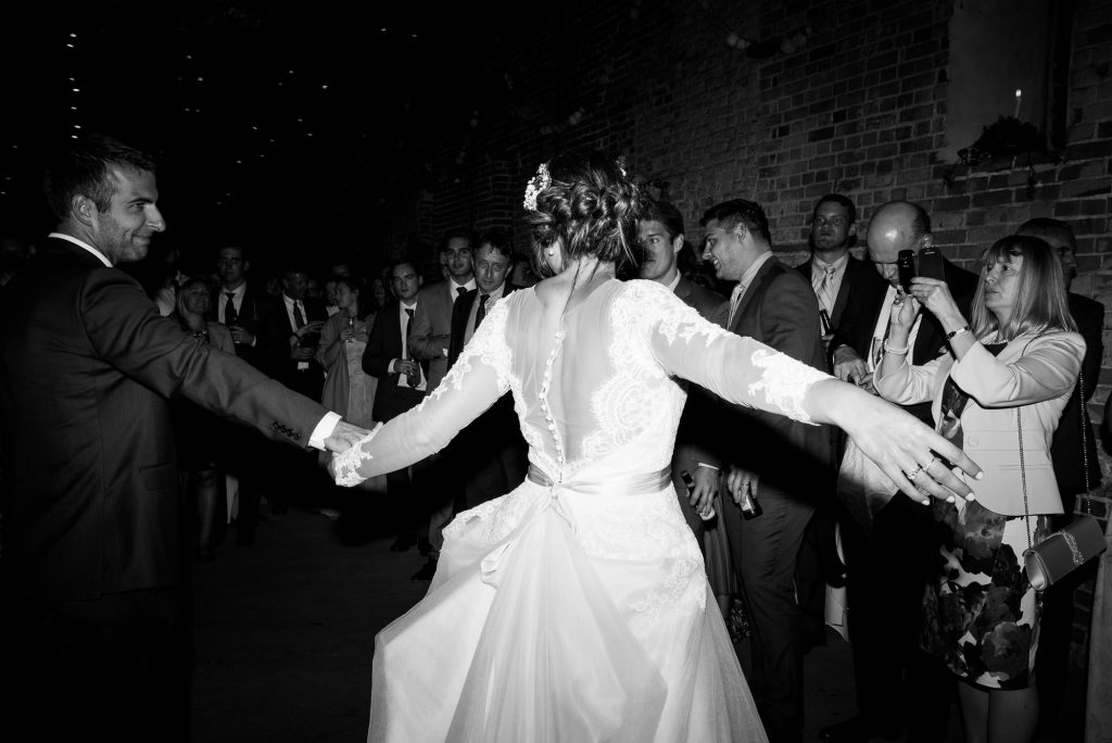 Jay West Bride with groom for first dance Norfolk Barn wedding