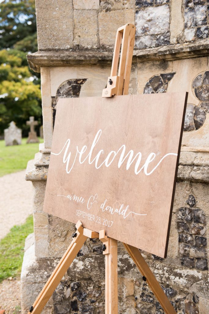 Welcome sign for Spixworth Hall wedding