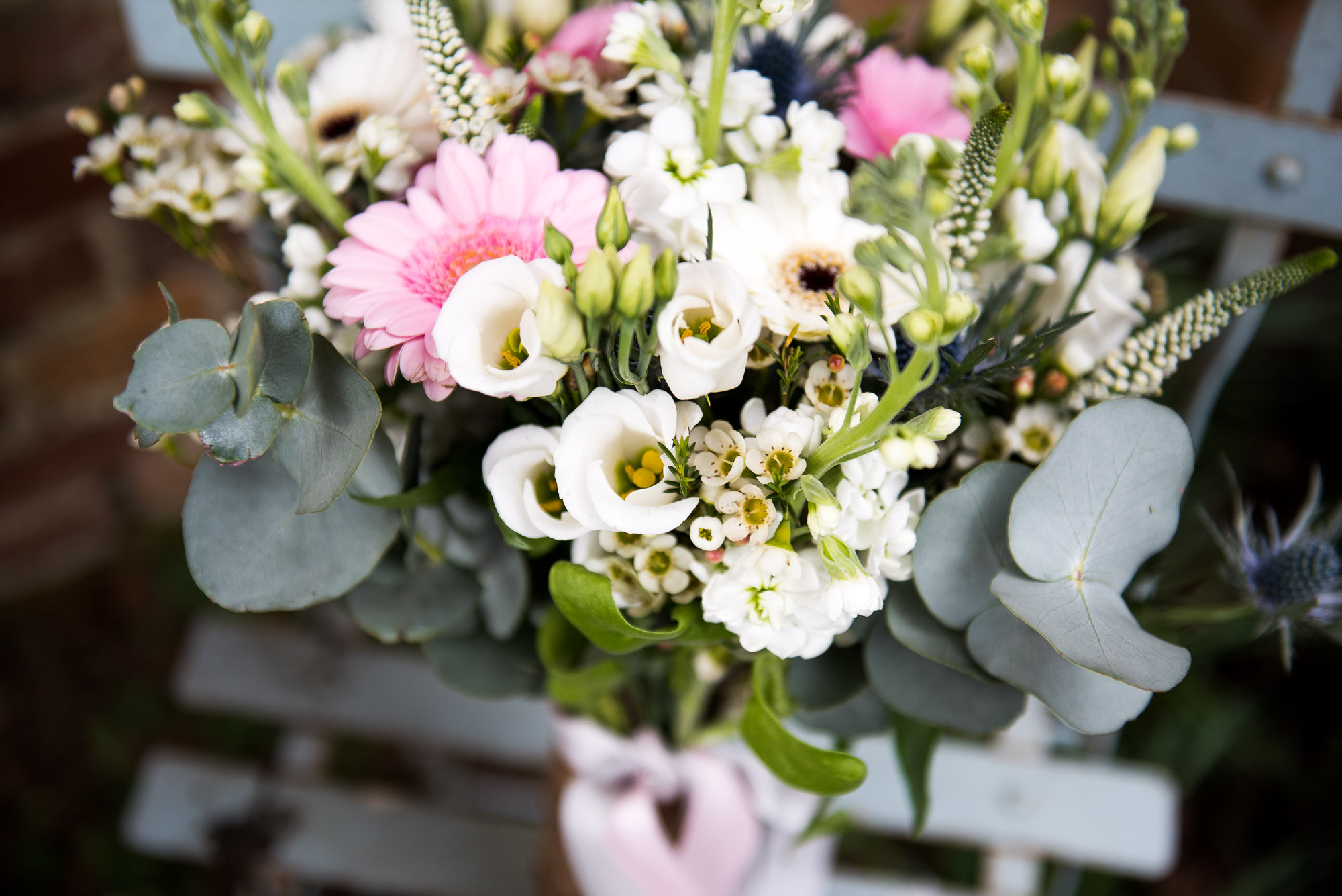 Bridal bouquet with eucalyptus and white flowers