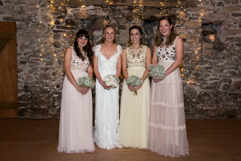 Park House Barn, Rustic Barn Wedding, Anna Campbell Bride with Bridesmaids in Needle and Thread Dresses