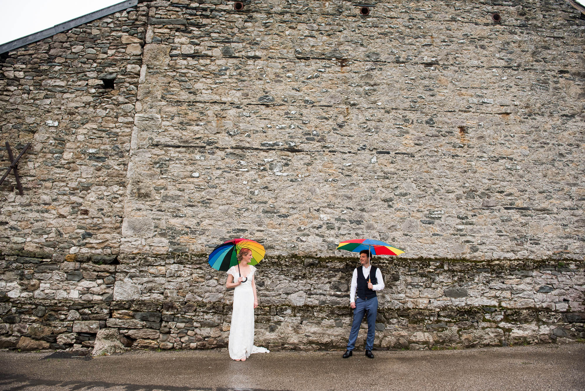 Park House Barn, Rustic Barn Wedding, Bride and Groom with Rainbow Umbrellas