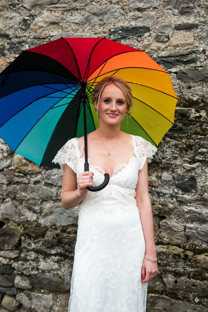 Park House Barn, Rustic Barn Wedding, Anna Campbell Bride with Rainbow Umbrellas