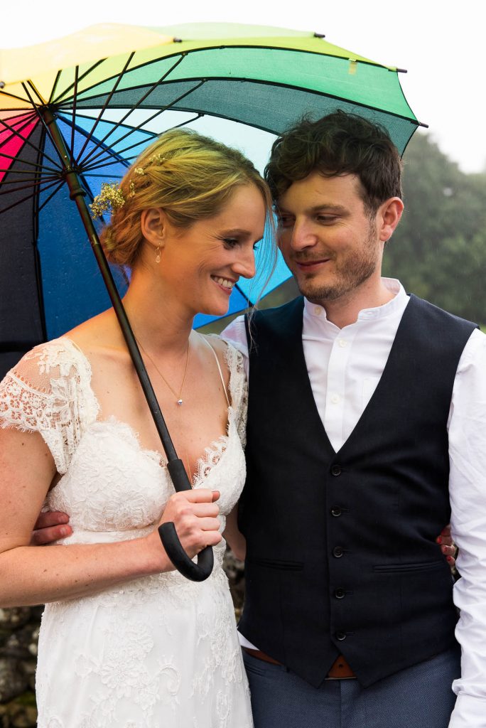 Park House Barn, Rustic Barn Wedding, Anna Campbell Bride and Groom Couples Portrait with Rainbow Umbrella