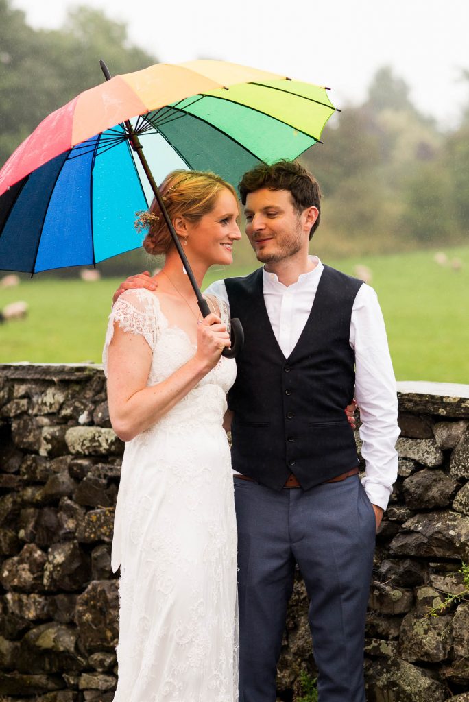 Park House Barn, Rustic Barn Wedding, Anna Campbell Bride and Groom Couples Portrait with Rainbow Umbrella