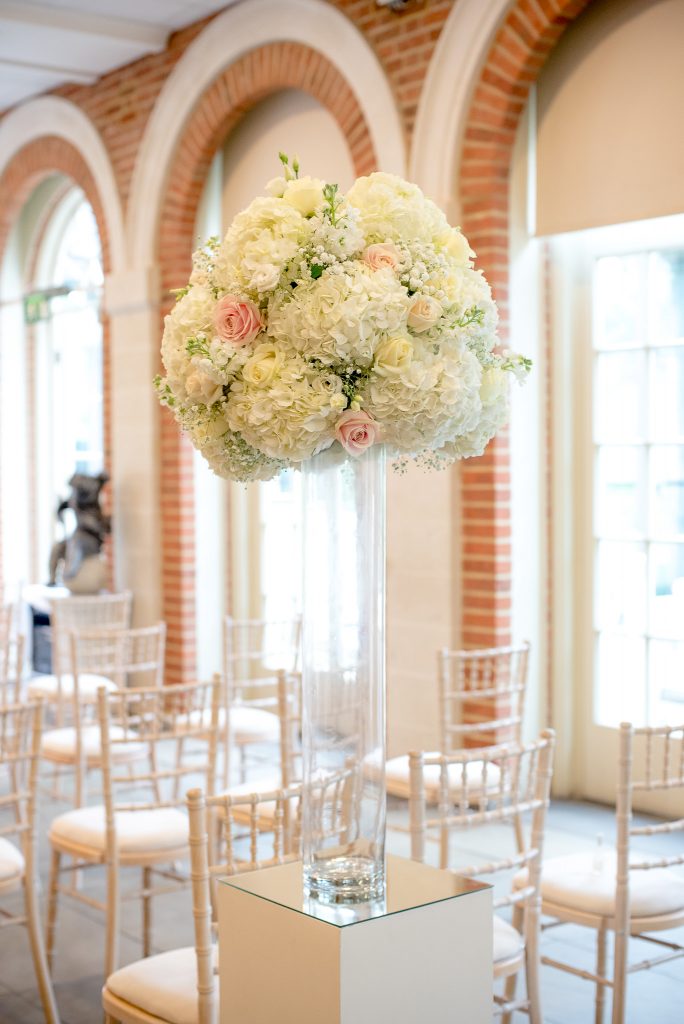 Great Fosters. White and Rose Pink Wedding Flowers by The Fine Flower Company, Surrey.