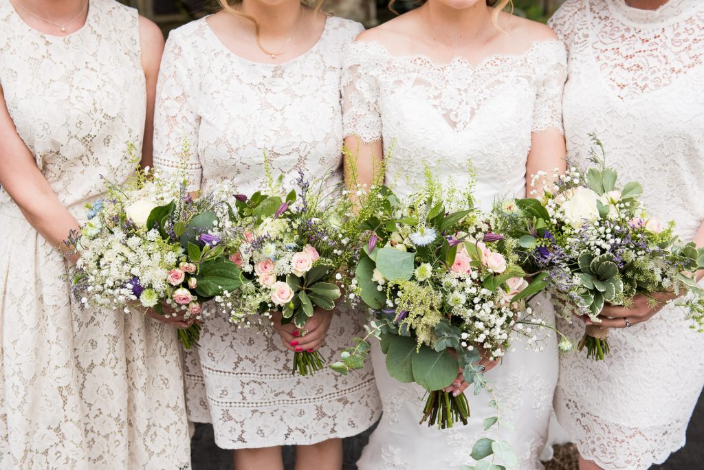 Eco Friendly Wedding, Matching Lace Bridesmaids Dresses with Wildflower Bouquets, Wedding Advice