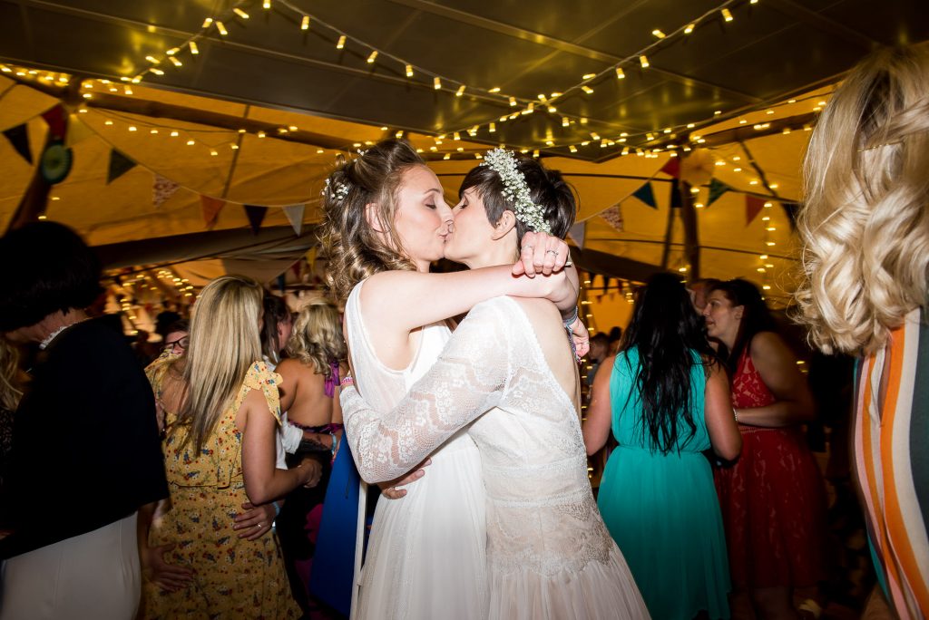 Inkersall Grange Farm Wedding - LGBT wedding photographer  - Brides Kiss on The Dance Floor