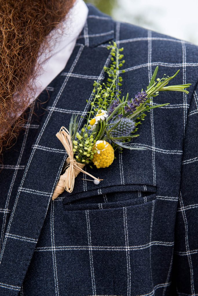 Inkersall Grange Farm Wedding - Same Sex Wedding Photography - Tartan Suit Best Man and Wildflower Button Hole
