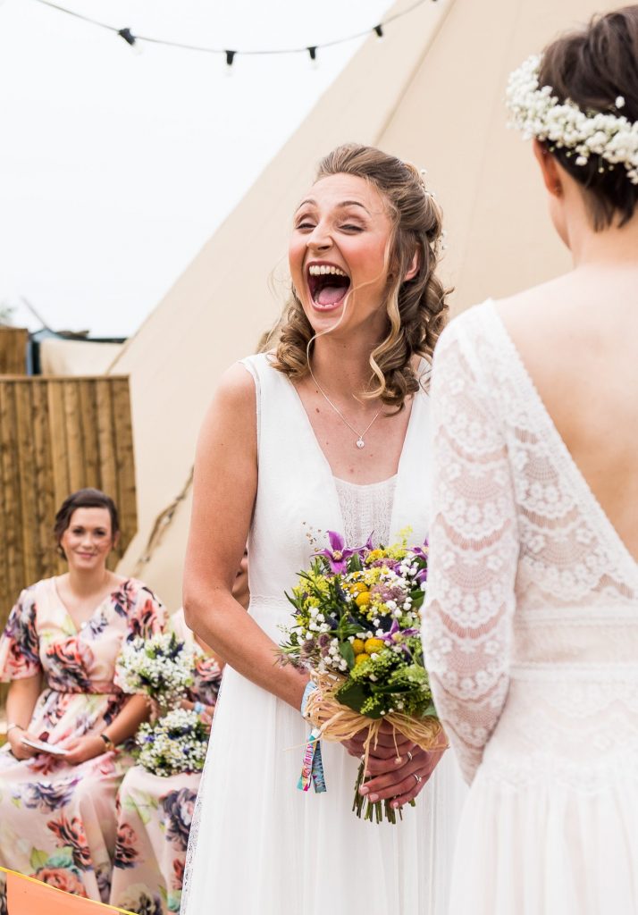 Inkersall Grange Farm Wedding - Same Sex Wedding Photography - Gorgeous Rembo Styling Bride Laughing