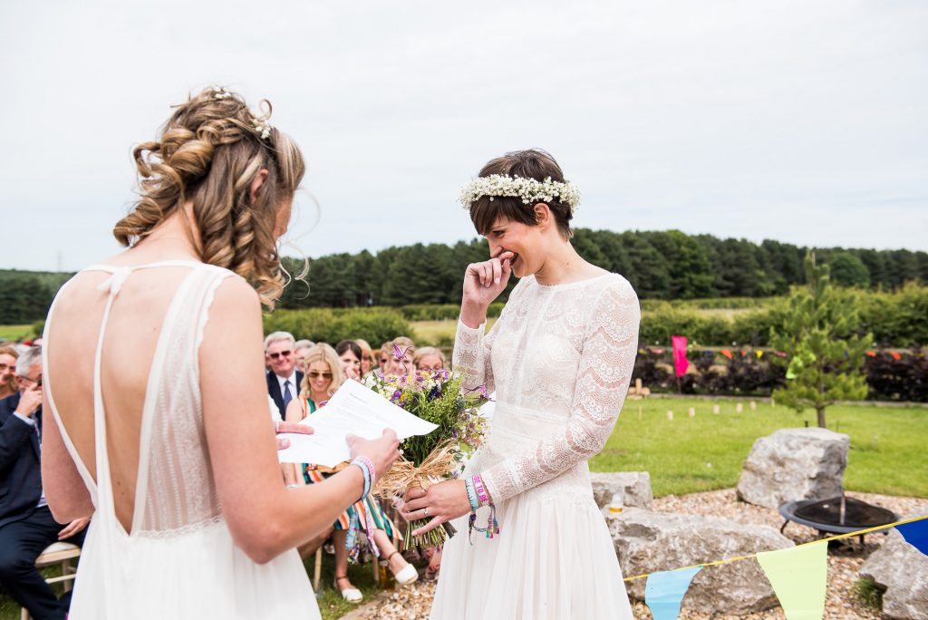 Inkersall Grange Farm Wedding - Same Sex Wedding Photography - Emotional Bride When Reading Wedding Vows