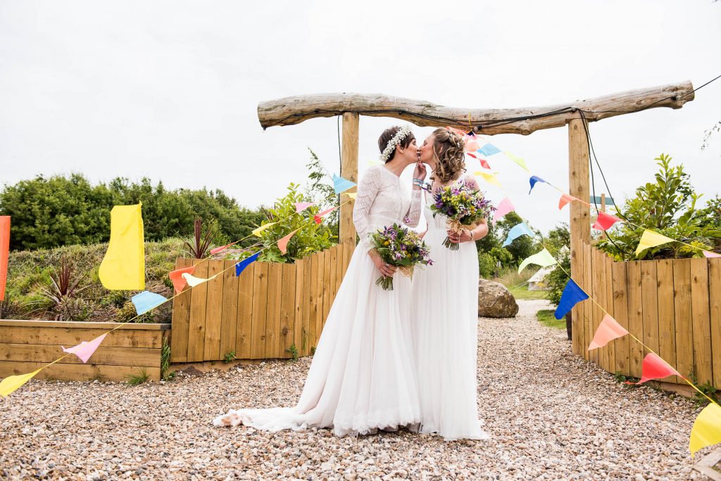 Inkersall Grange Farm Wedding - Same Sex Wedding Photography - Gorgeous Boho Brides First Kiss