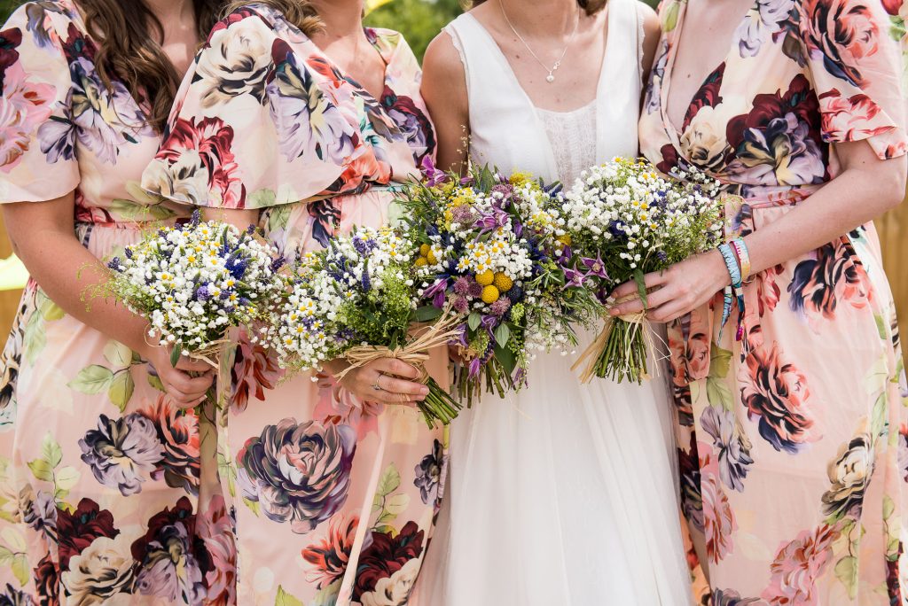 Inkersall Grange Farm Wedding - Same Sex Wedding Photography - Brides with Colourful Bridesmaids and Wildflower Bouquets