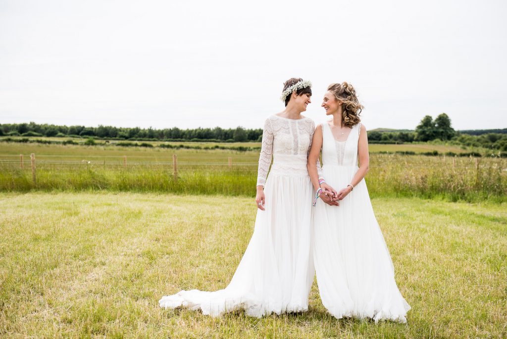Inkersall Grange Farm Wedding - Same Sex Wedding Photography - Natural and Candid Bridal Wedding Portrait In Fields
