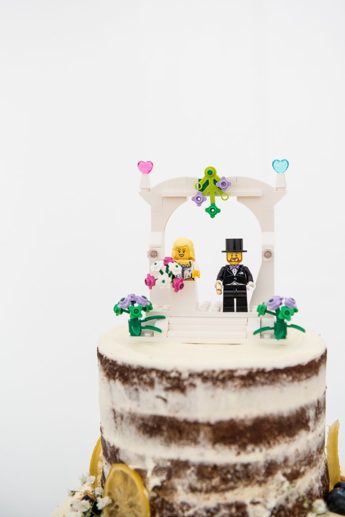 Outdoor Wedding Ceremony, Surrey Wedding Photography, Home Made Three Tier Wedding Cake with Lego Cake Toppers