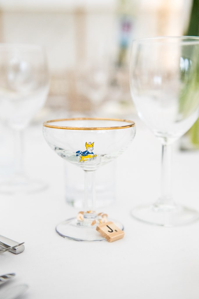 Outdoor Wedding Ceremony, Surrey Wedding Photography, Wedding Place Setting With Personalised Baby Cham Glasses
