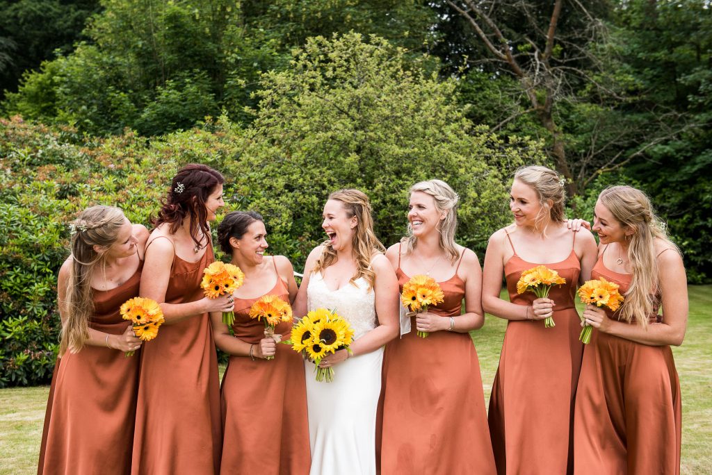Outdoor Wedding Ceremony, Surrey Wedding Photography, Burnt Orange Bridesmaid Dresses with Sunflower Bouquets