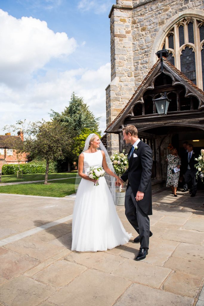 Outdoor Wedding Photography Surrey, Elegant Bride and Groom Leave Chobham Church, Jessica Grace Photography