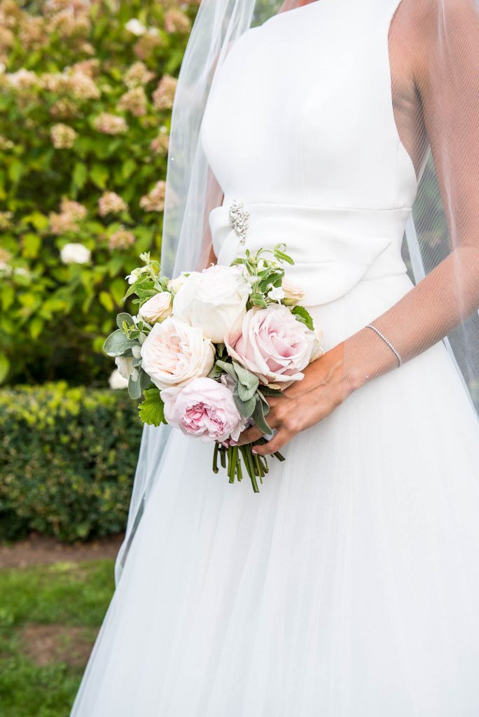 Outdoor Wedding Photography Surrey, Stunning Miss Bush Bride in Jesus Piero With Sheer Veil and Bouquet of White and Pink Roses