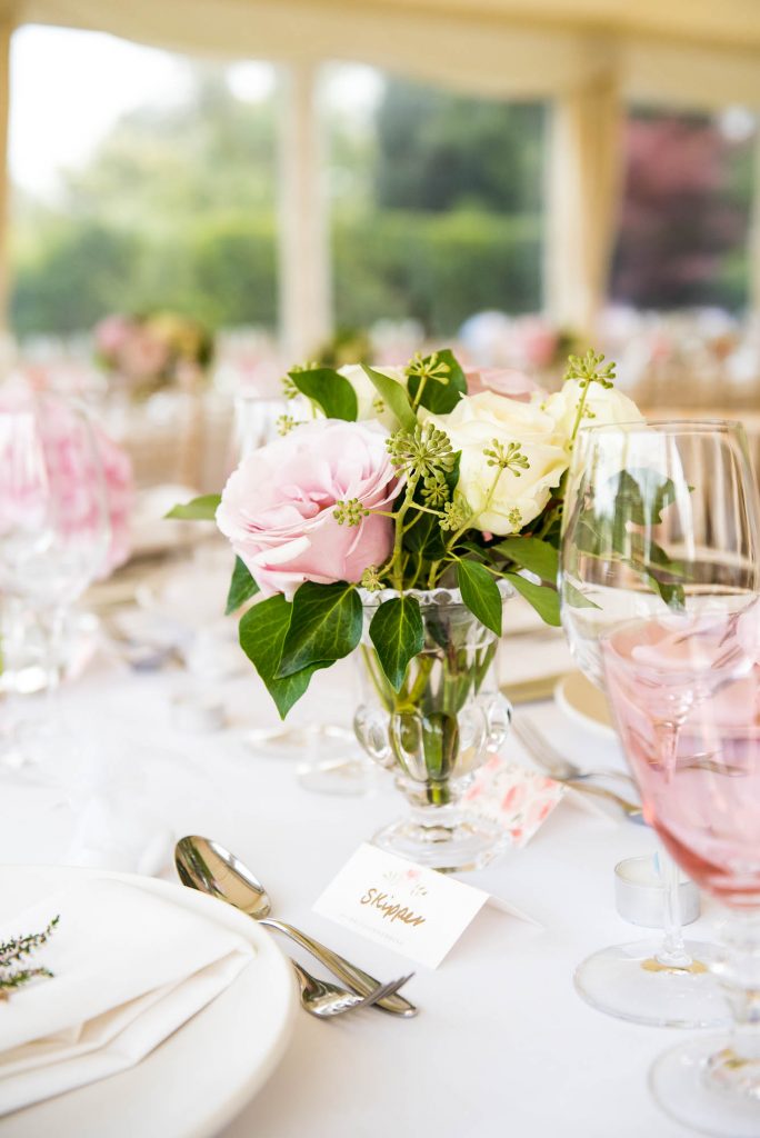 Outdoor Wedding Photography Surrey, Gorgeous White and Pink Rose Arrangement
