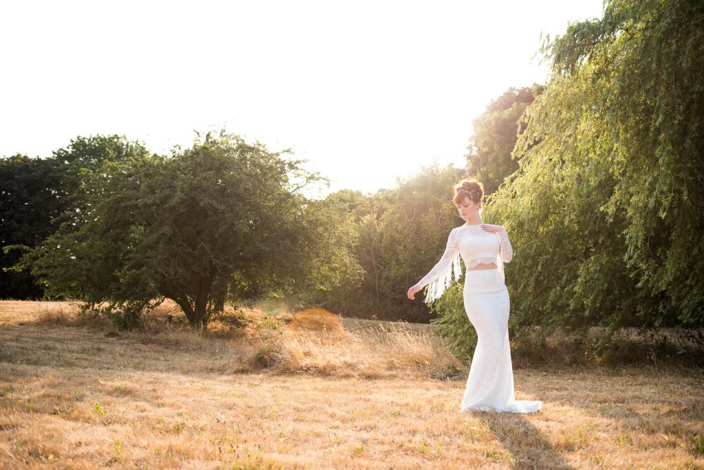 Miss Bush Bridal, Shiokba Brial Dress In Golden Hour Light With Fringe and Lace Detail Sleeves, Surrey Wedding Photography