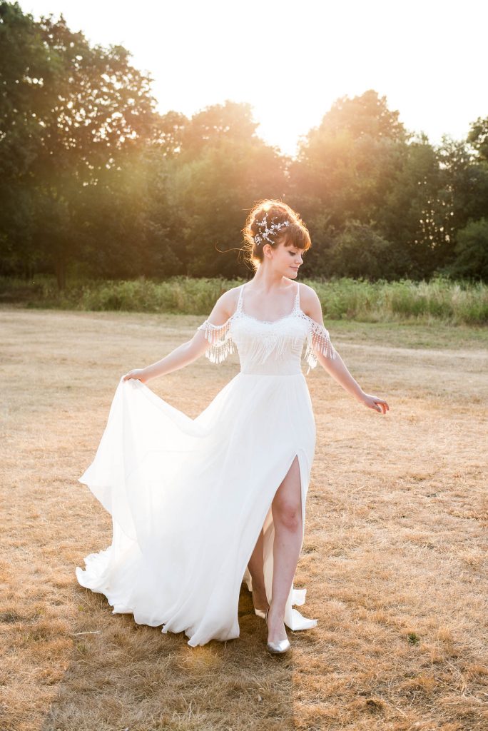 Miss Bush Bridal, Natural Wedding Photography, Boho Bride Walking In Golden Hour Light