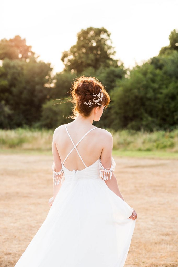 Miss Bush Bridal, Natural Wedding Photography, Boho Bride With Cross Straps on Boho Wedding Dress At Sunset