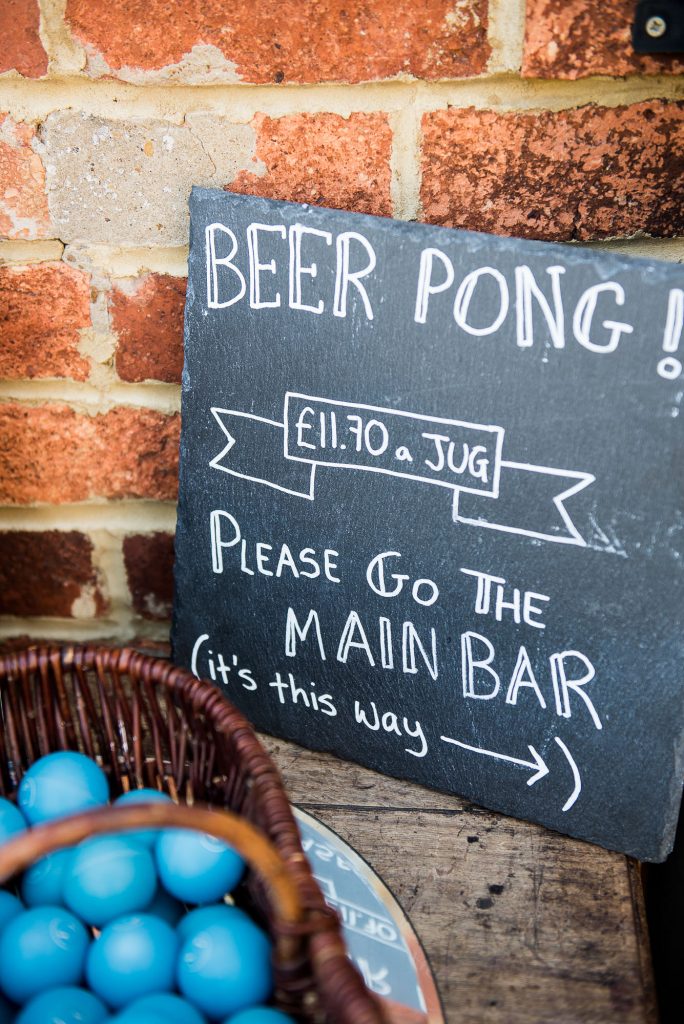 lgbt wedding photographer, personalised beer pong sign for wedding games, Dodmoor House Wedding