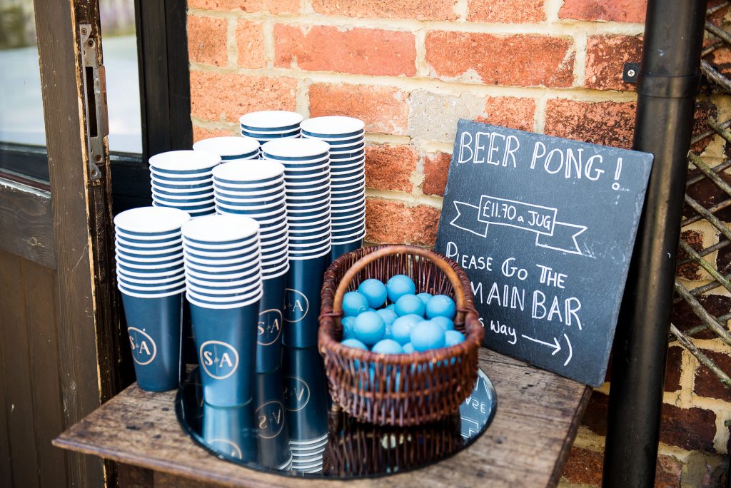 lgbt wedding photographer, personalised beer pong sign for wedding games, Dodmoor House Wedding