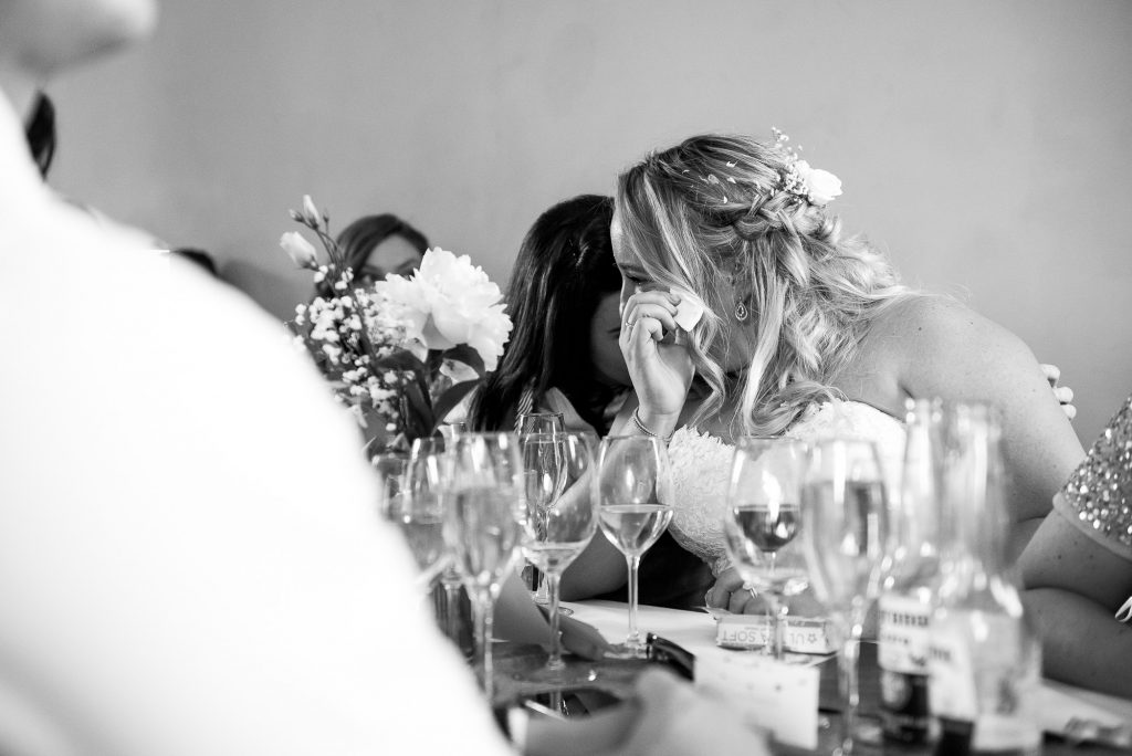 lgbt wedding photographer, brides share an intimate moment during speeches, Dodmoor House Wedding