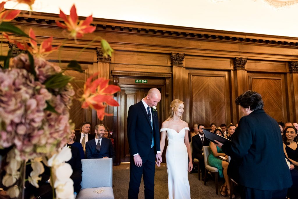 Old Marylebone Town Hall Wedding, bride and groom in wedding ceremony