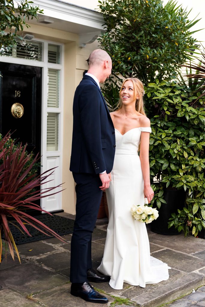 Old Marylebone Town Hall Wedding, relaxed couples portrait in London Mews