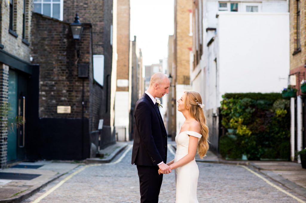 LGBT wedding photography, groom and bride in London mews couples portraits 