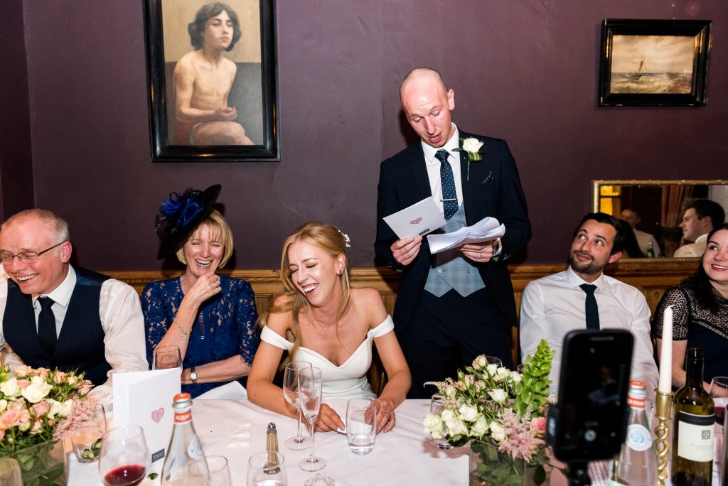 Old Marylebone Town Hall Wedding, Groom gives a wedding speech at Two Brydges restaurant 