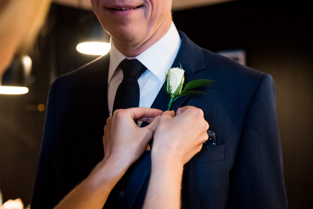  Old Marylebone Town Hall Wedding, simple and stylish single white rose button hole