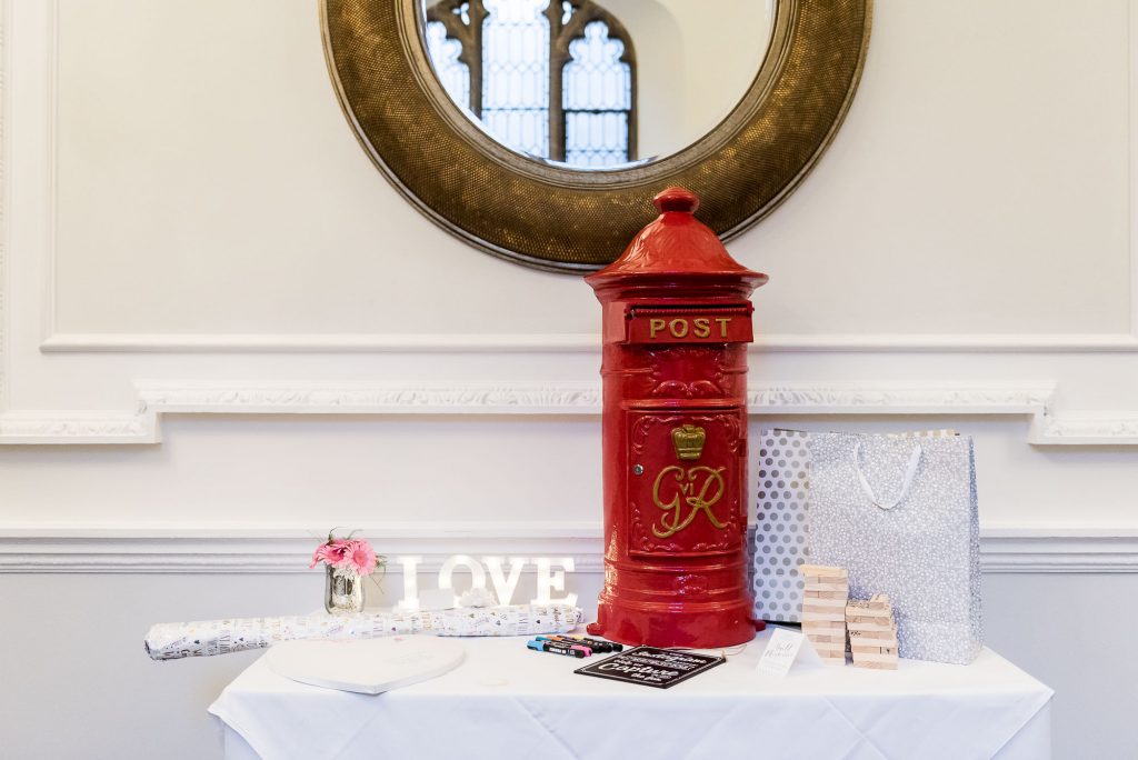 wedding table with personalised red post box