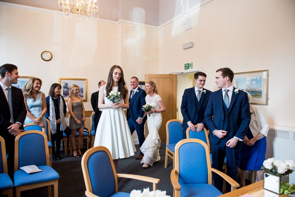 Buckinghamshire wedding photography, Marlow registry office wedding, bride and groom enter with their children