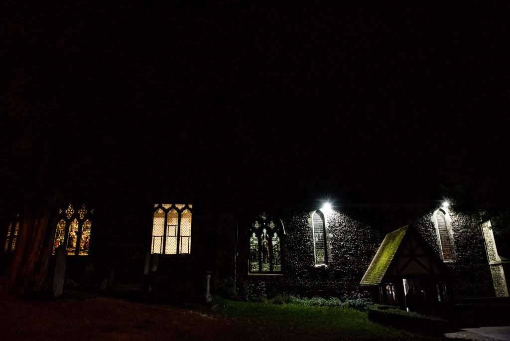 Night exterior of St Mary's Church, Documentary Wedding photographer surrey