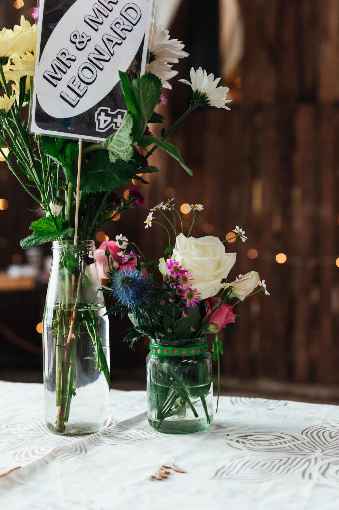 Homemade wedding table flower arrangement