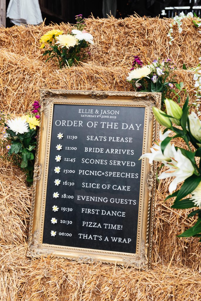 DIY home made order of the day on a rustic black board with gold vintage frame