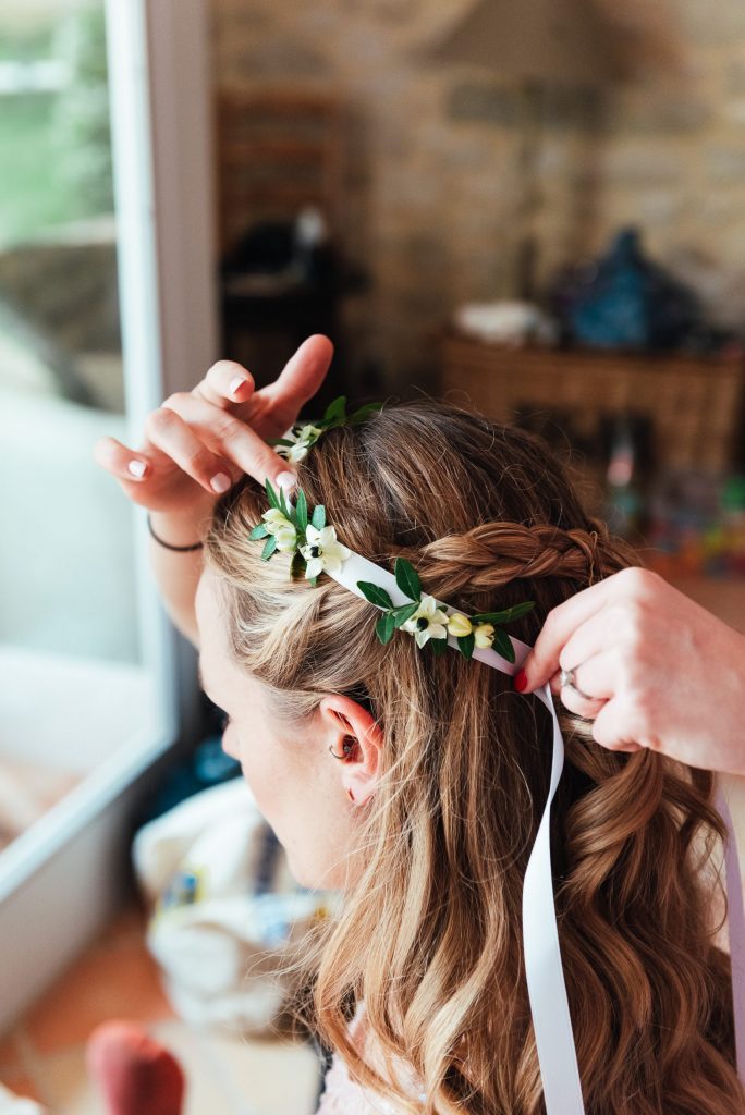 Home made wedding garland for bridesmaid hair
