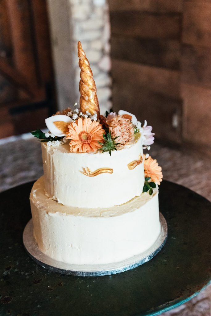 Home made unicorn themed wedding cake
