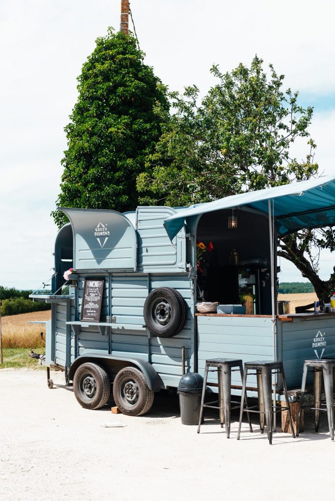 Cute duck egg blue food truck for laid back outdoor French wedding