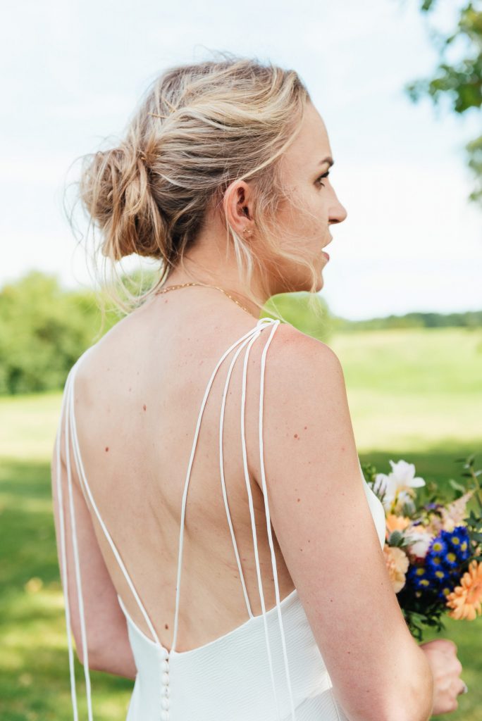 Stunning thin strap silk wedding dress for destination wedding in France