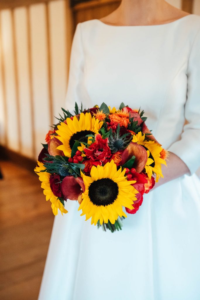 Sunflower bouquet for autumn Cain Manor wedding
