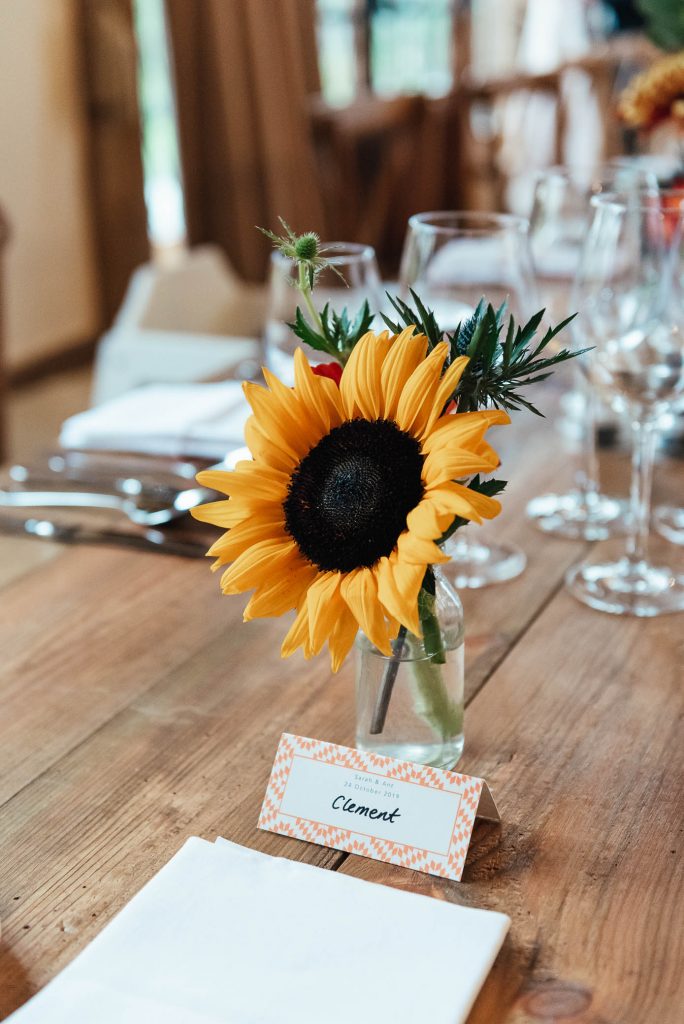 Sunflower floral arrangement with handmade place setting