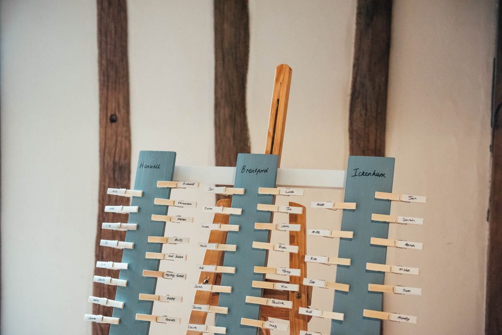 Handmade seating chart with painted pegs