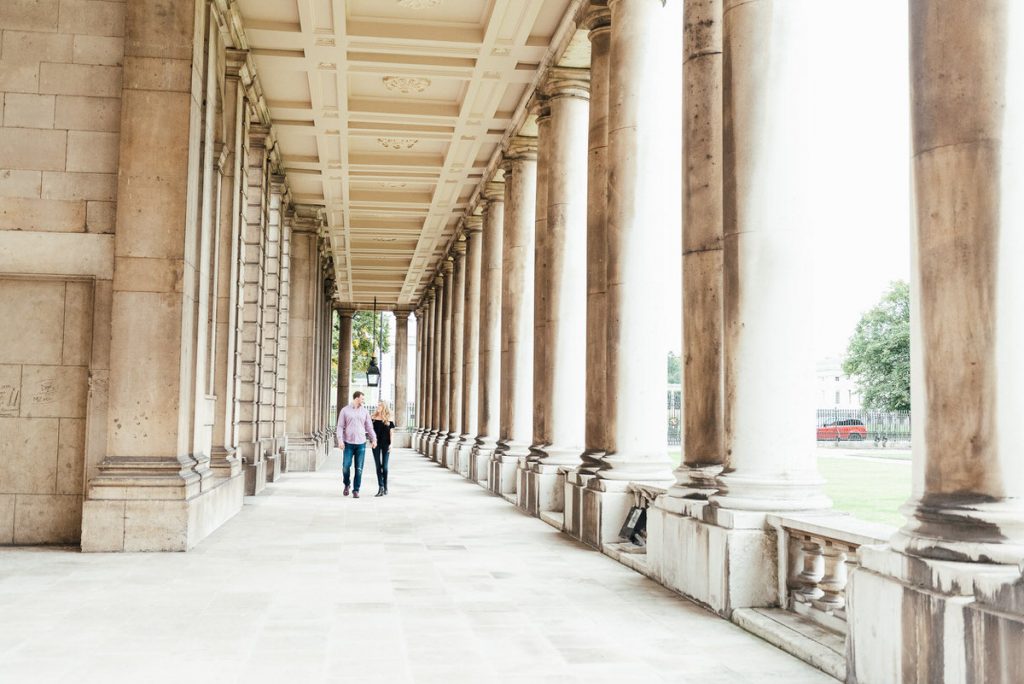 Natural and candid couple walking together in Greenwich Old Naval College