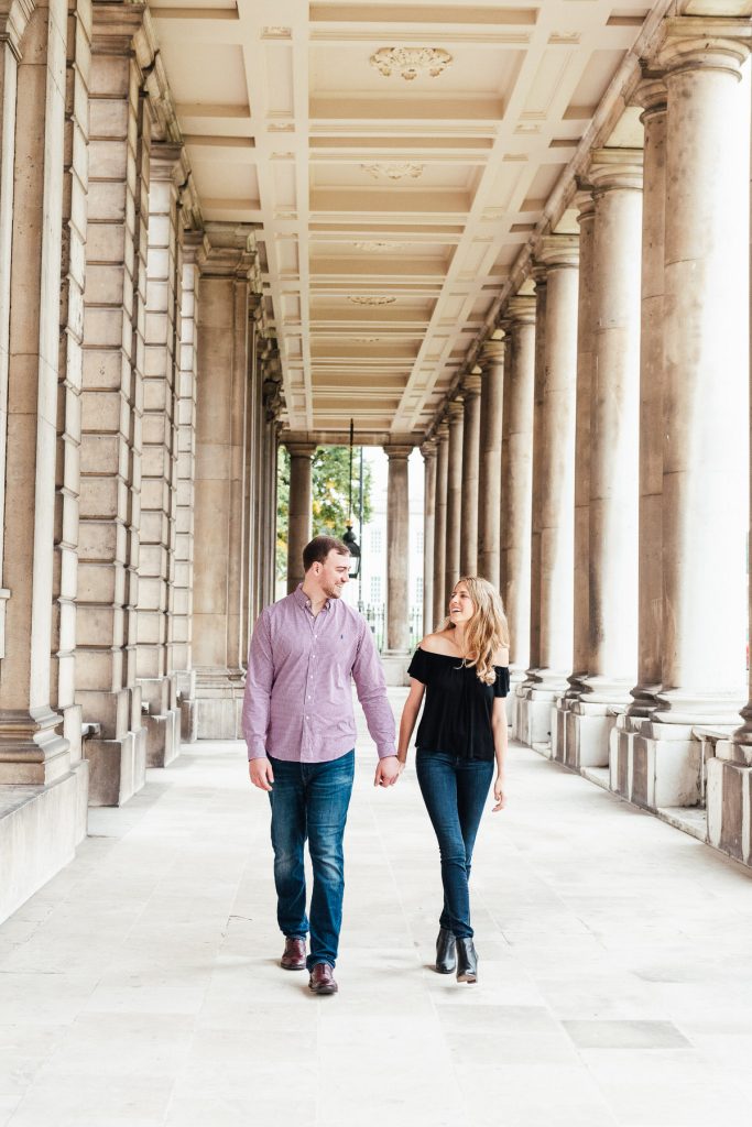 Natural and candid couple walking together in Greenwich Old Naval College