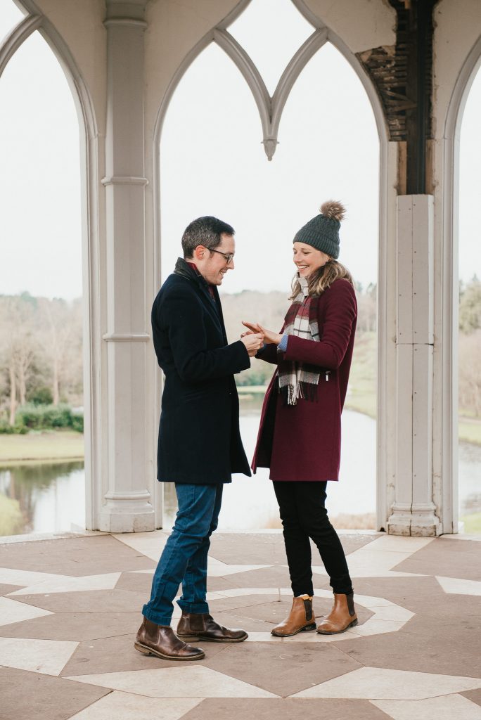Natural couples engagement photography in The Gothic Tower at Painshill Park